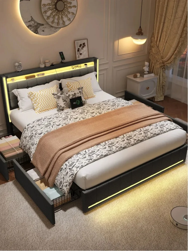 Fangange, modernes, gepolstertes Bett, LED-Doppelbettgestell mit 4 Schubladen, 140/160 x 200 cm, mit USB-Anschlüssen, ohne Matratze.