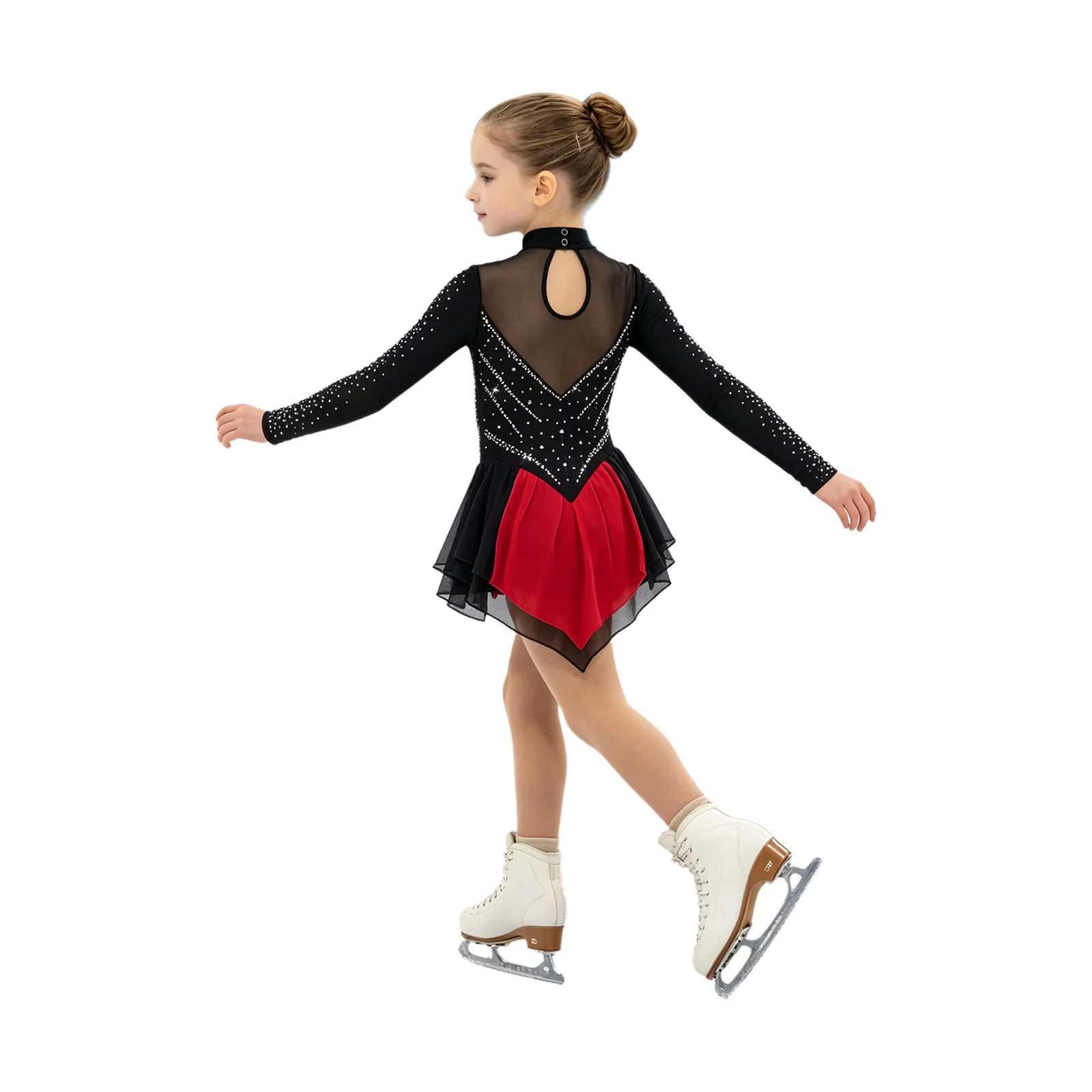 Kinder Mädchen Strass-Gymnastik-Trikot Eiskunstlauf Ballett Lyrisches Tanz-Auftrittskostüm Trikotkleid mit unregelmäßigem Saum – Detail 14