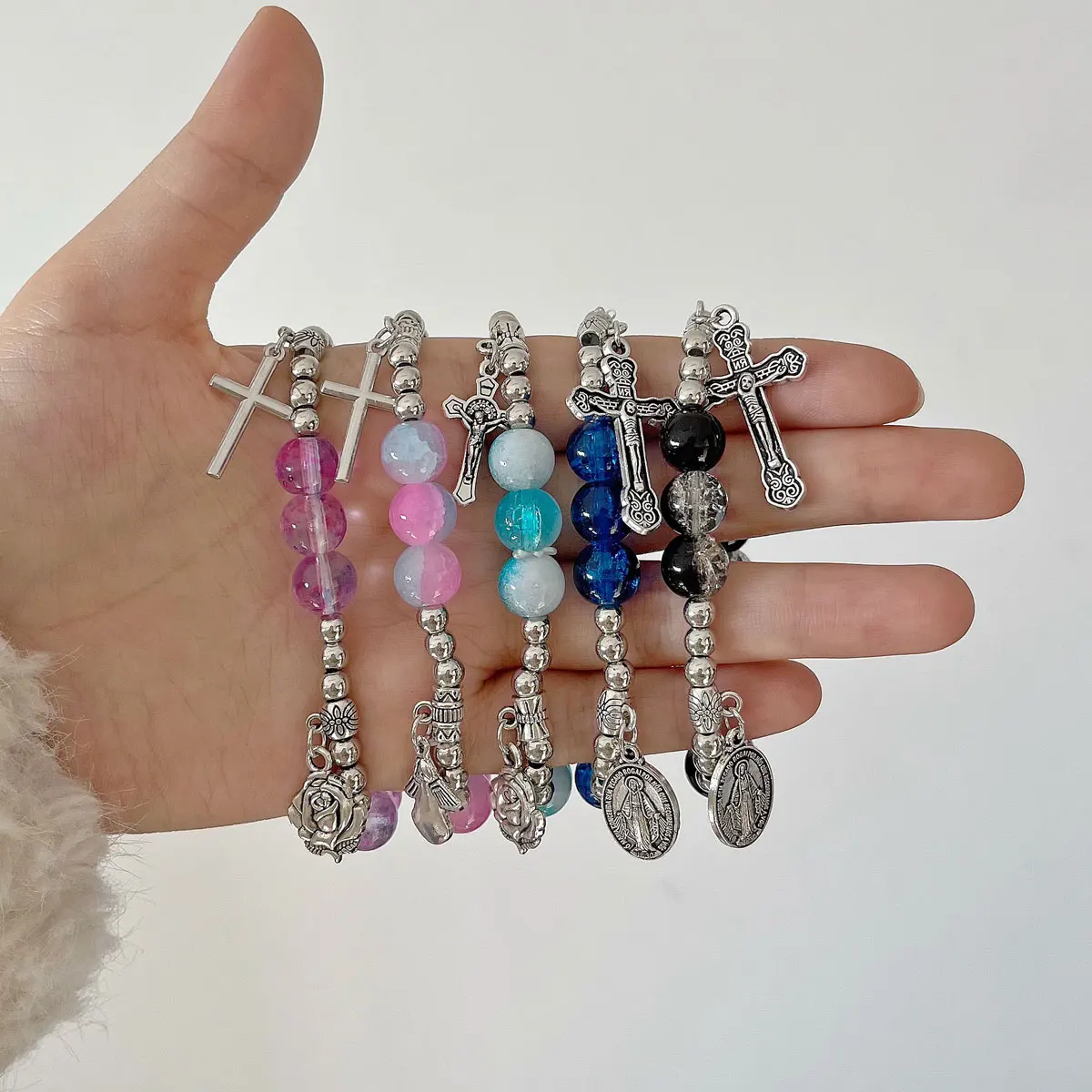 Cracked Patterned Glass Bead Alloy Angel Virgin Cross Pendant Elastic Bracelet 1-Piece Set Fashionable Gift for Women