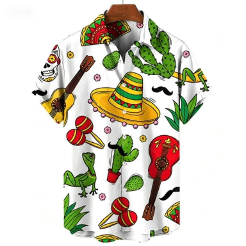 Colorful Cartoon Mexican Straw Hat Gourmet Shirt for Summer Travel, Personalized and Niche, Slim and Loose Short Sleeved Top