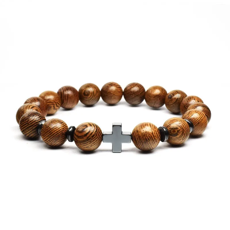 Cross Bracelet Men's Religious Rosary Wooden Beads Frosted Stone Beaded Bracelet Popular Jewelry Christian Crucifixes Decoratio