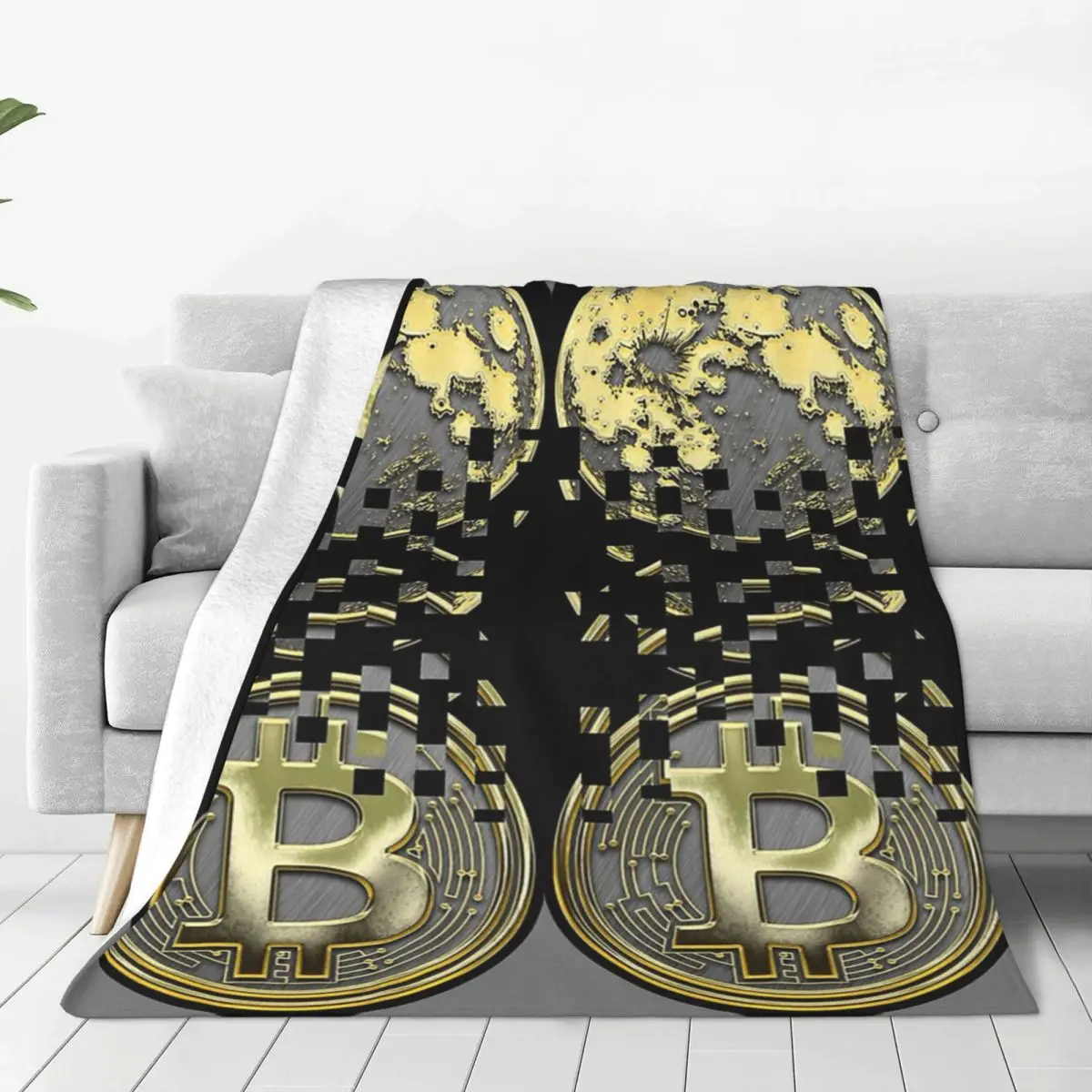 Golden Bitcoin To The Moon Cryptocurrency Blanket Flannel Sofa Throw Blankets For Home Bedroom Outdoor Throws Bedspread Quilt