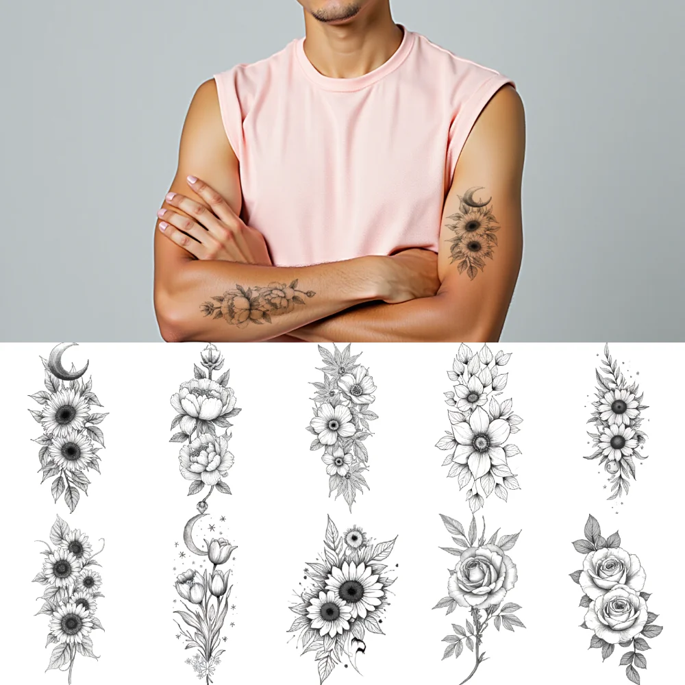 

9pcs Temporary Tattoo Temporary Tattoo Stickers Peony Motifs Leafy Elements Sunflower Illustrations For Back Arms Ladies