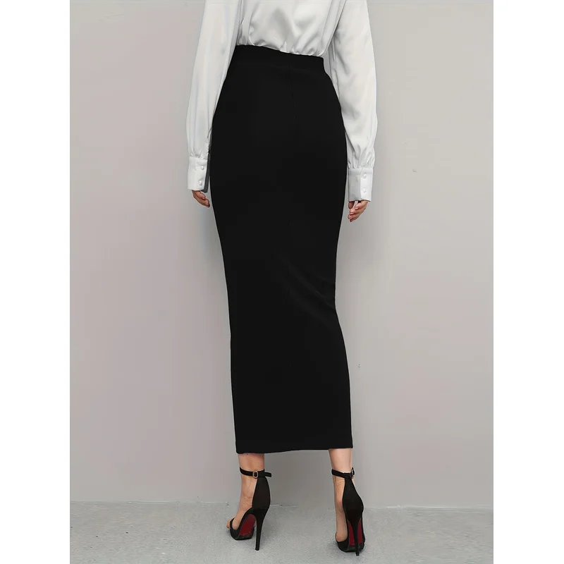  Solid Color Women's Regular Fit Midi Skirt 2025 Elastic Waist Casual Office Slimming Elegant Skirt 