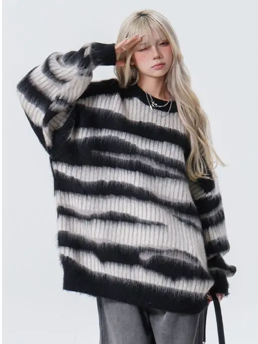 CHIC Spell Nap Women Grube swetry z długim rękawem Pit Stripe Nieregularne swetry Lazy Knit Pullovers Top damski Jesień Wiosna 2024