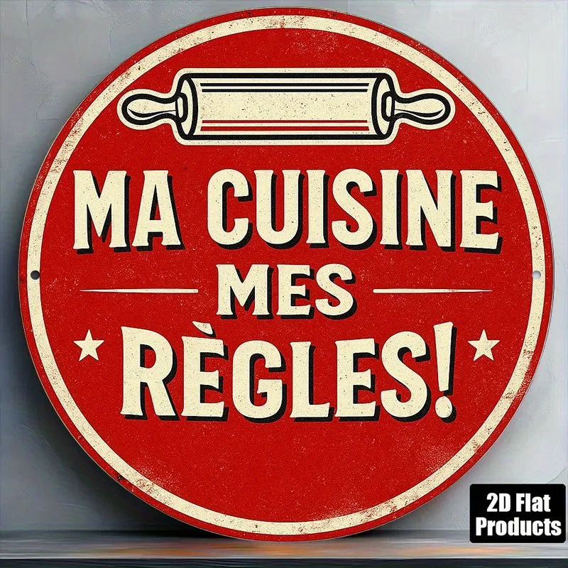 1pc 2D Flat, Round French Wooden Sign, Retro Decorative Sign, Content 