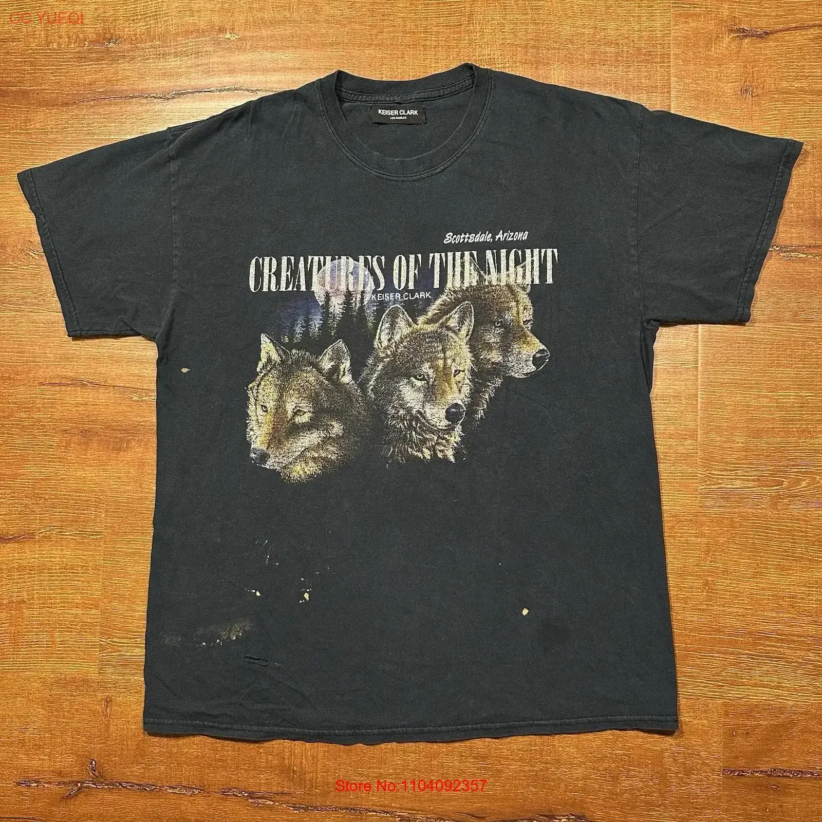 Camiseta Keiser Clark para hombre, talla L, negra, con diseño de lobo, Criaturas de la Noche, estilo vintage desgastado, ropa de diseñador gráfico, transpirable