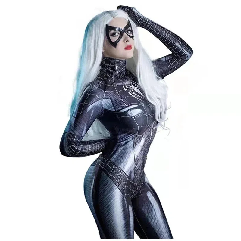 3D Printed Black Cat Superhero Costume for Women, Sexy Tight Jumpsuit for Halloween and Christmas