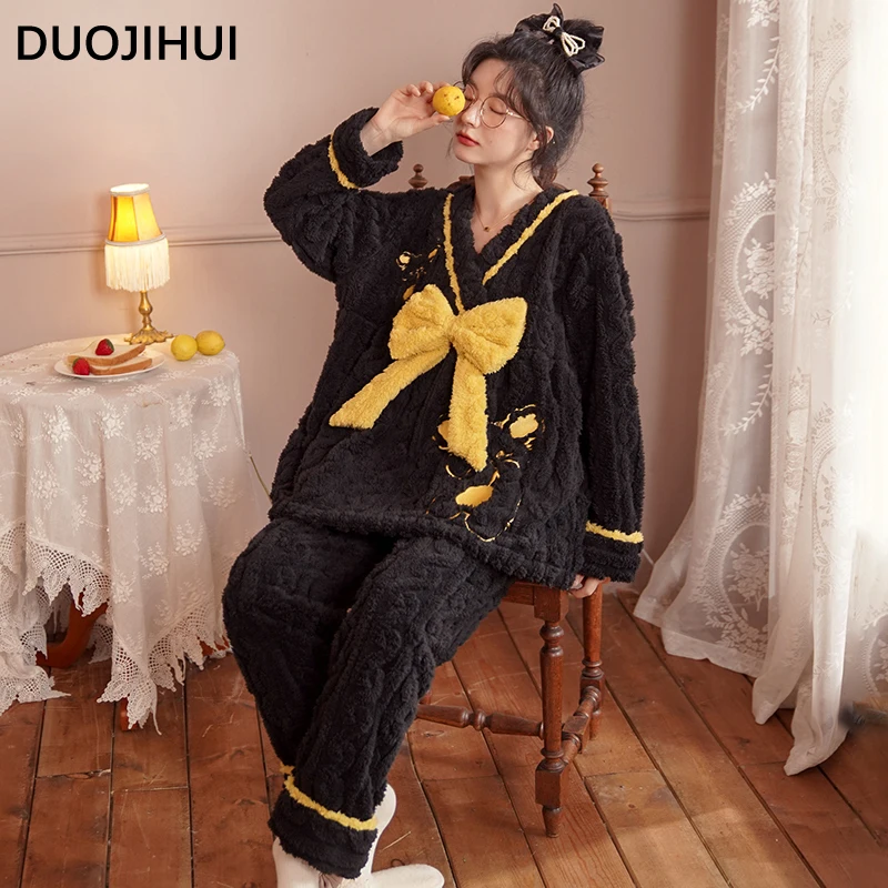 DUOJIHUI Winter Flannel Fashion Bow Female Pajamas Set Classic V-neck Pullovers Loose Simple Pants Casual Home Pajamas for Women