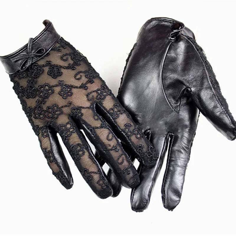 Guantes de piel de oveja con pantalla táctil para mujer, guantes de conductor de cuero finos sin forro con encaje a la moda para primavera y verano,