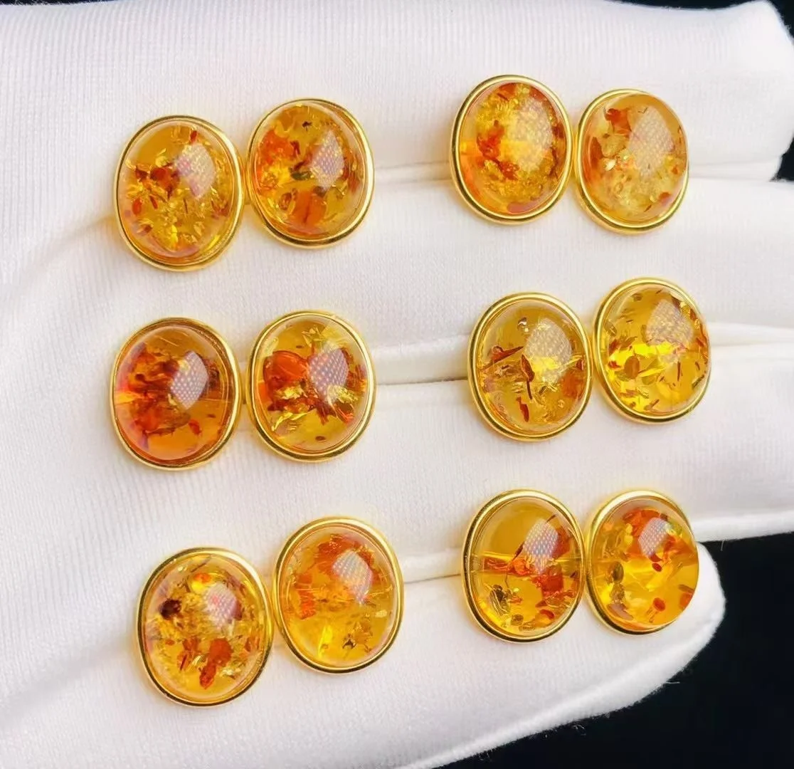 Unique Rare Natural Baltic Piebald Amber Oval Ear Studs Certificated Untreat Unheat Gemstone Earrings Timelessly Daily Jewelry