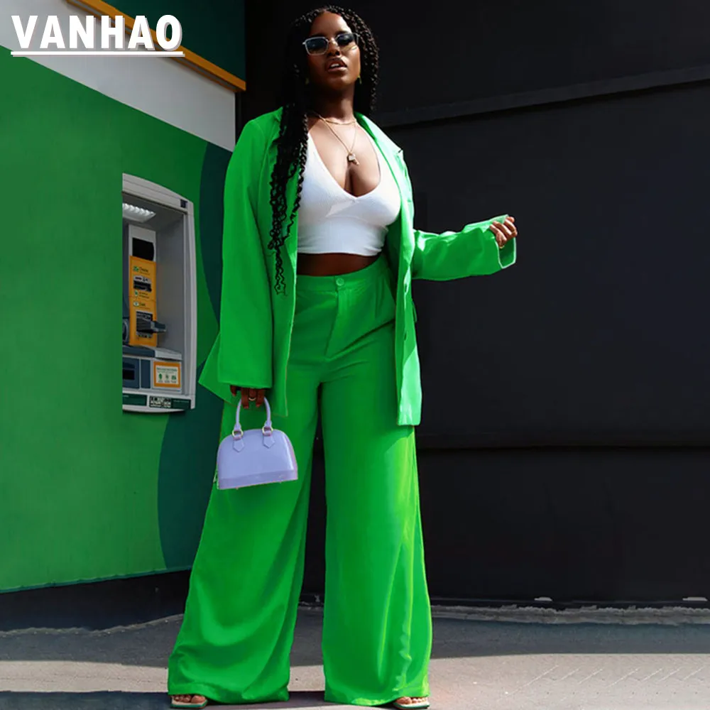 

VANHAO Slim Outfits Lapel Blazer and Wide Leg Pants Solid Color Two Peice Set for Women Matching Sets Wholesale Dropshipping