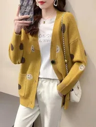 Autumn 2022 Women Sweater Cardigans Knit Jacket Korean Style Smiley Print V Neck Pocket Loose Sweaters Casual Cardigan Coat