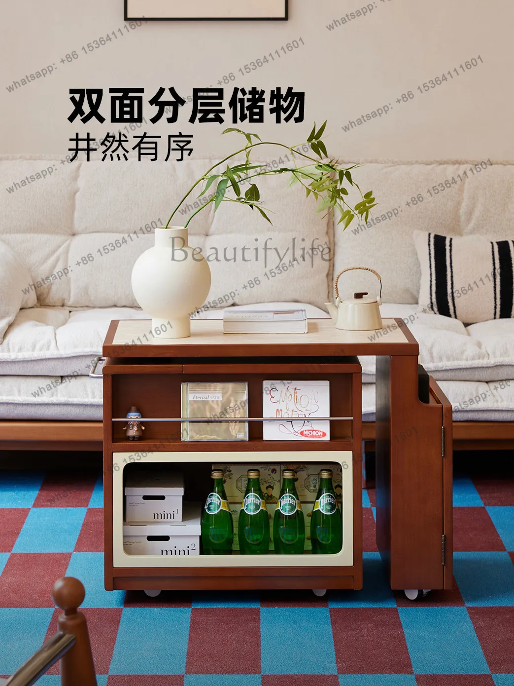 LD lifting rotating solid wood rock slab coffee table household living room small apartment mobile side table