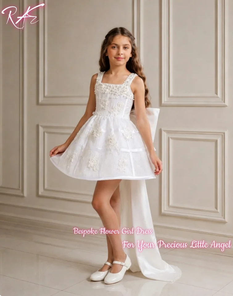 Elegante-robe-courte-blanche-a-col-carre-sans-manches-en-tulle-pour-demoiselle-d'honneur-mariage-anniversaire-premiere-communion-avec-grand-nœud-en-satin