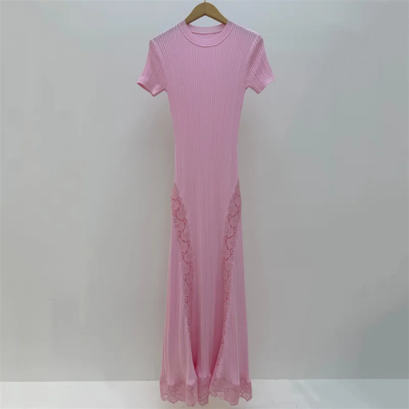 

Women's dress New elastic knitted slim fit short sleeved dress for summer 2026 Lace patchwork long dress y2k hip hugging dress
