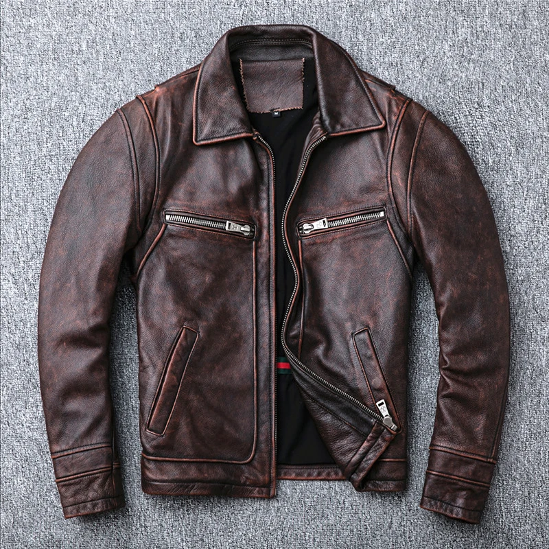 

New Men Cowhide Coat Men's Genuine Leather Jacket Vintage Style Man Leather Clothes Motorcycle Biker Jackets