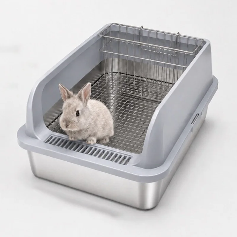 High-Sided Rabbit Toilet with Hay Frame Stainless Steel Rabbits Litter Box Anti-overturn Small Pets Toilets Pet Accessories