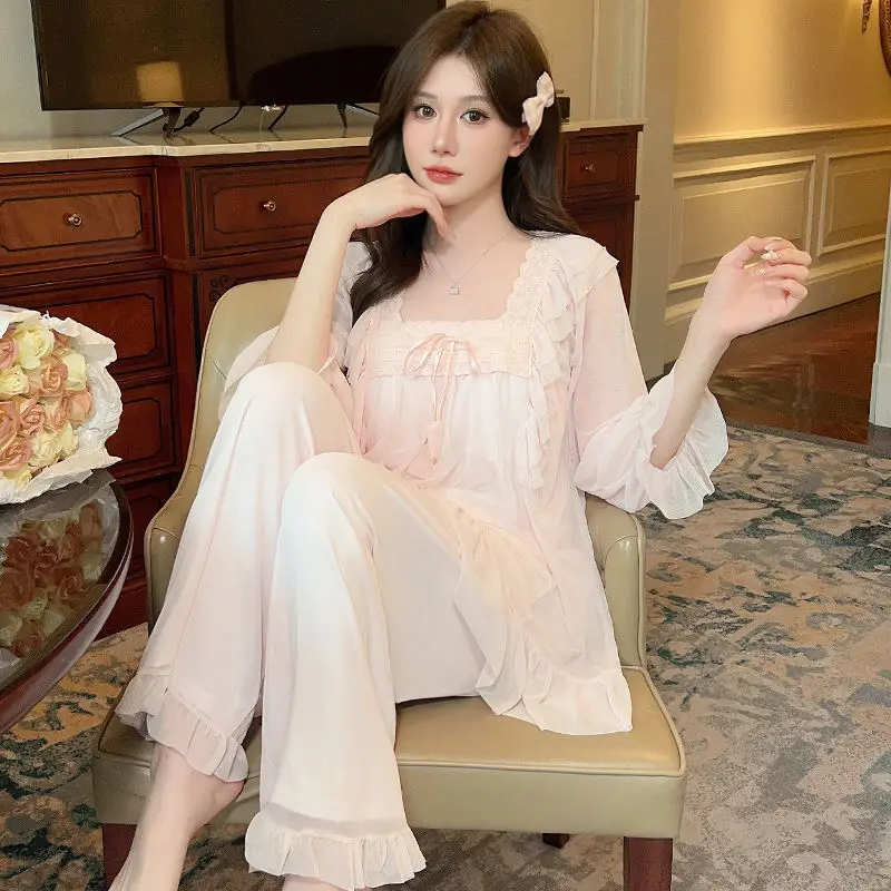 Mesh Pajama Women Spring Summer Thin Modal Long Sleeve Lace Princess Wind Chest Cushion Home Dress Set French Advanced Nightgown