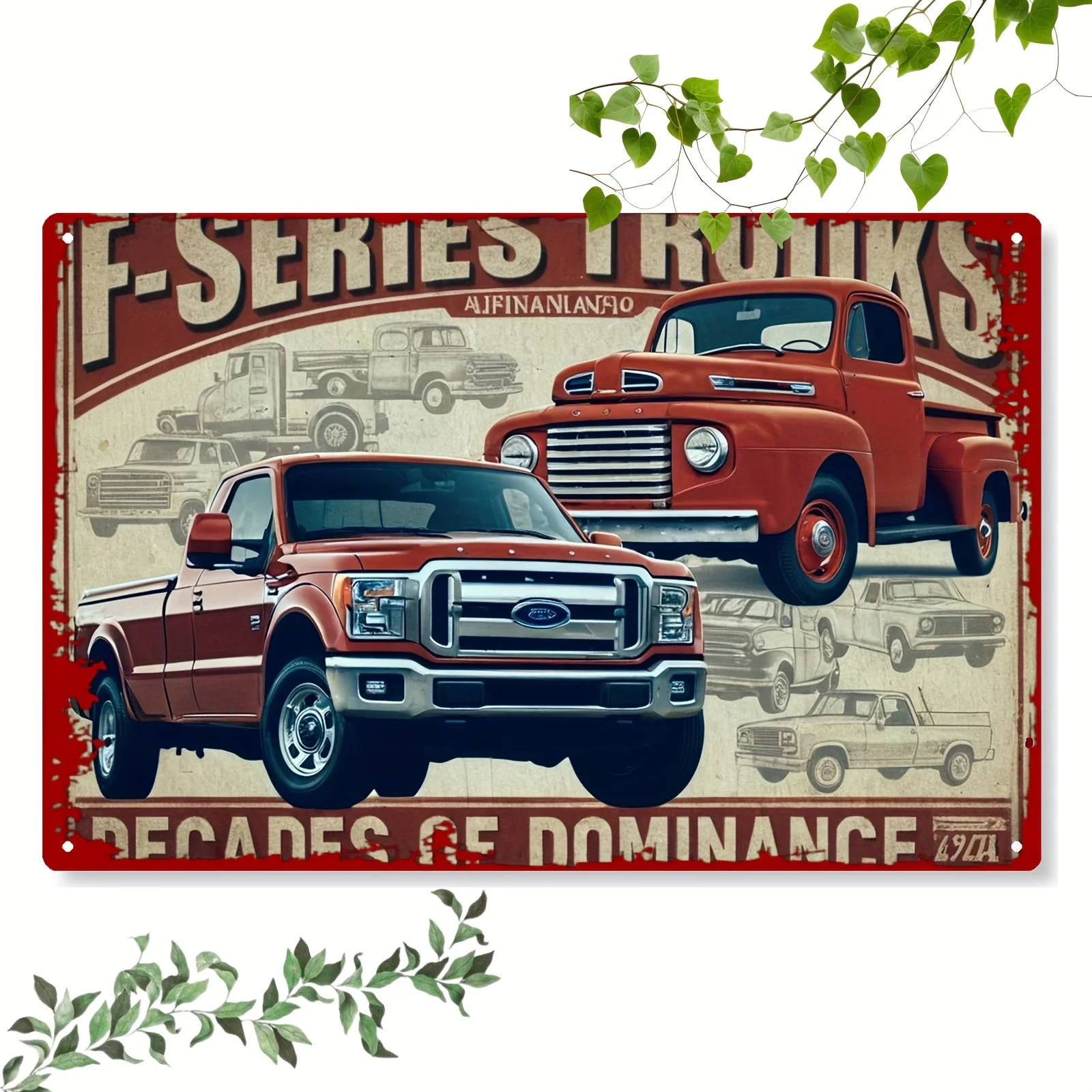 Eiserner Kunstobjekt aus Eisen, darstellend ein Retro-Poster mit zwei roten Lastwagen unter klassischen Autos aus der Sammlung, Größe O