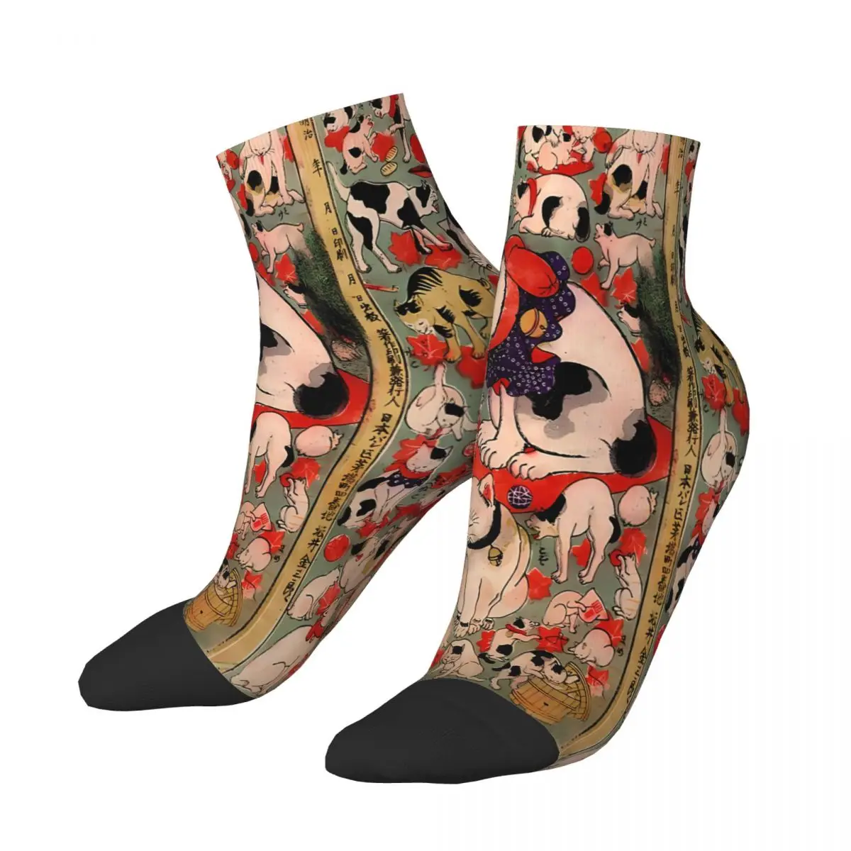 Antique Woodblock Print Cats Tattoo Flash Japanese Ankle Socks Male Mens Women Winter Stockings Polyester