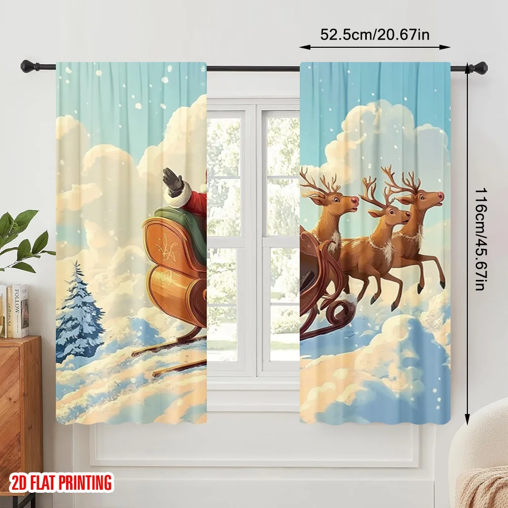 2pcs,2D plane printing Contemporary Curtains Santa Claus sleigh and reindeer7 (3) Versatile Polyester Fabric (without rod) Room
