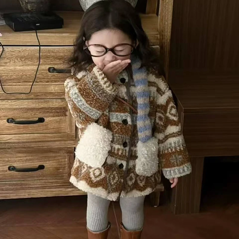 

Winter Children's Hooded Cotton Overcoat Fashion Baby Girl's Thickened Lamb Fleece Outerwear Kids Warm Velvet Patchwork Coats