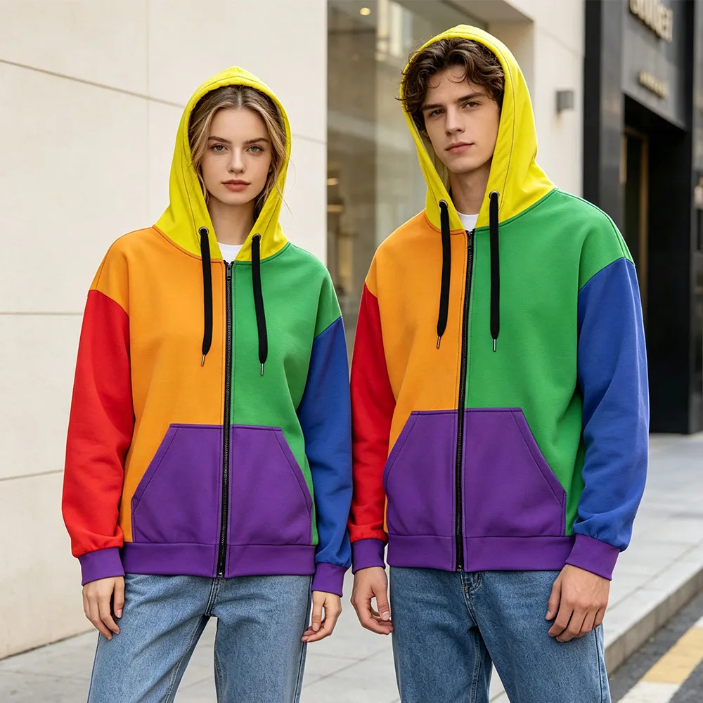 Old School Cool Kidcore Colorblock Unisex Zip Hoodie Long Sleeve Loose Fleece Hooded Sweatshirts Zipper Casual Colorful Clothing