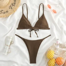 Vintage Bikini Thong String Tie Backless Split Swimsuit Triangle Sexy Vacation Swimwears Push Up Brazil Women Beach Bathing Suit