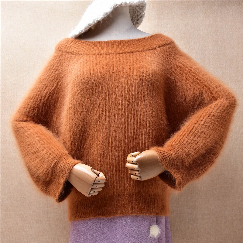 

Female Women Fall Winter Short Style Hairy Angora Rabbit Hair Slash Neck Three Quarter Sleeves Loose Pullover Sweater Jumper Top