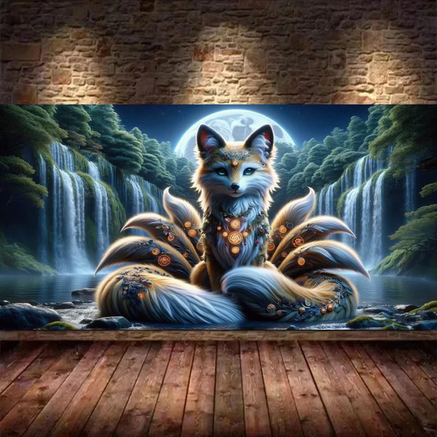 

Moon Waterfall Nine Tailed Fox Large Size Diy Diamond Painting Cross Stitch Animals Full Diamond Embroidery Pictures Mosaic Arts