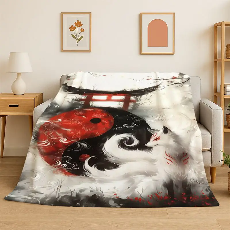Yin Yang Fox Cute Animal Cartoon Flannel Blanket Soft Throw Blanket for Bedroom Living Room Bed Travel Camping Picnic Nap Cover