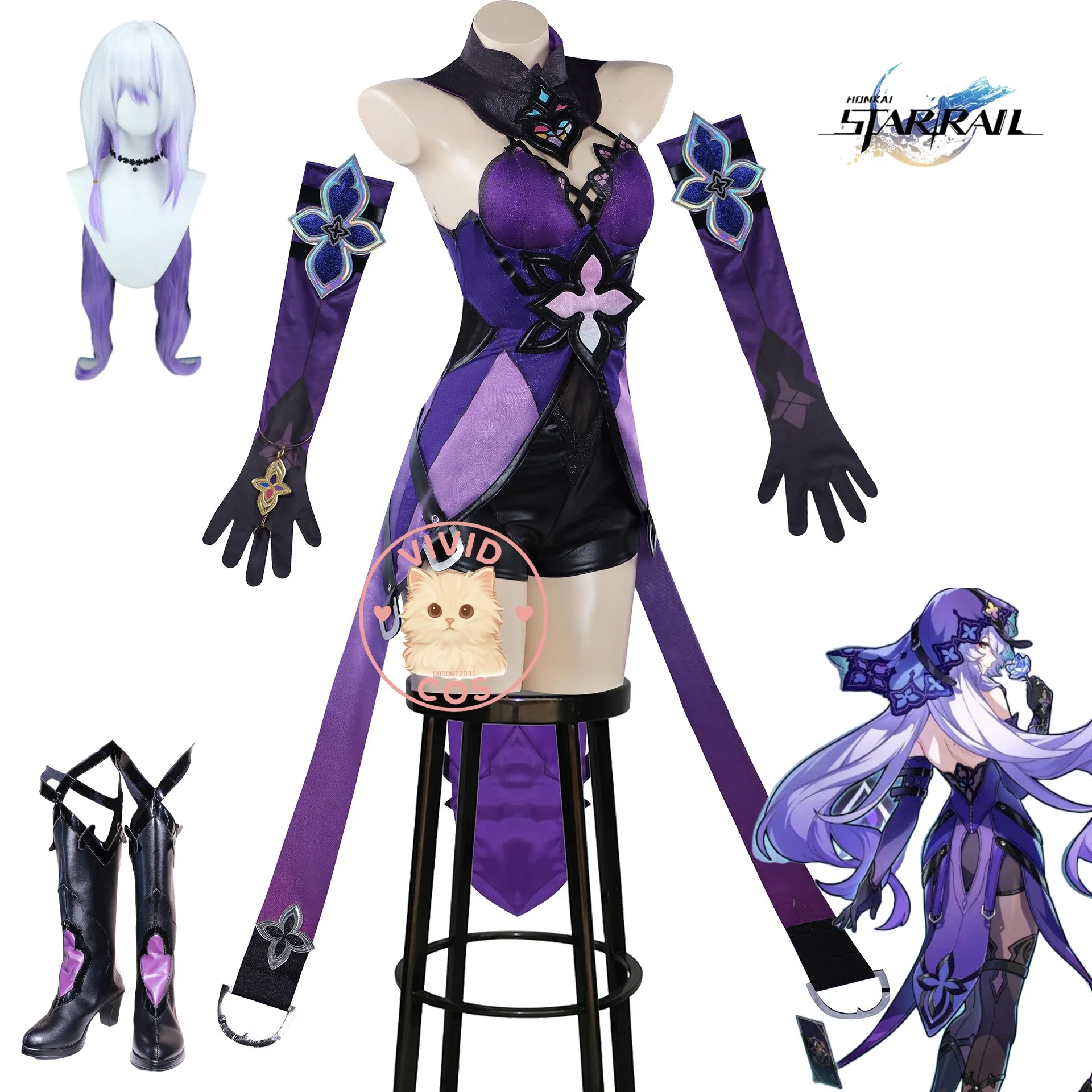 

Game Honkai: Star Rail Black Swan Cosplay High Quality Costume Love Live Anime Role Play Sexy Purple Dress Wig Shoes for Women