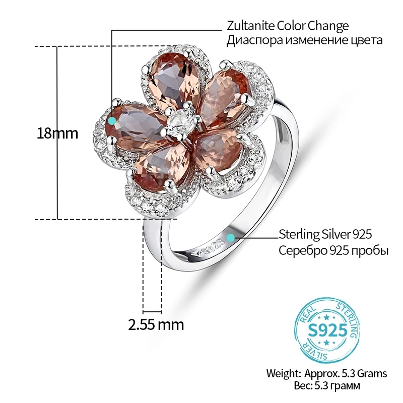 925 Sterling Silver Zultanite Меняющий цвет камень Ring for Women Turkish Diaspore Colorful Flower Lovely Style for Women\'s Gift