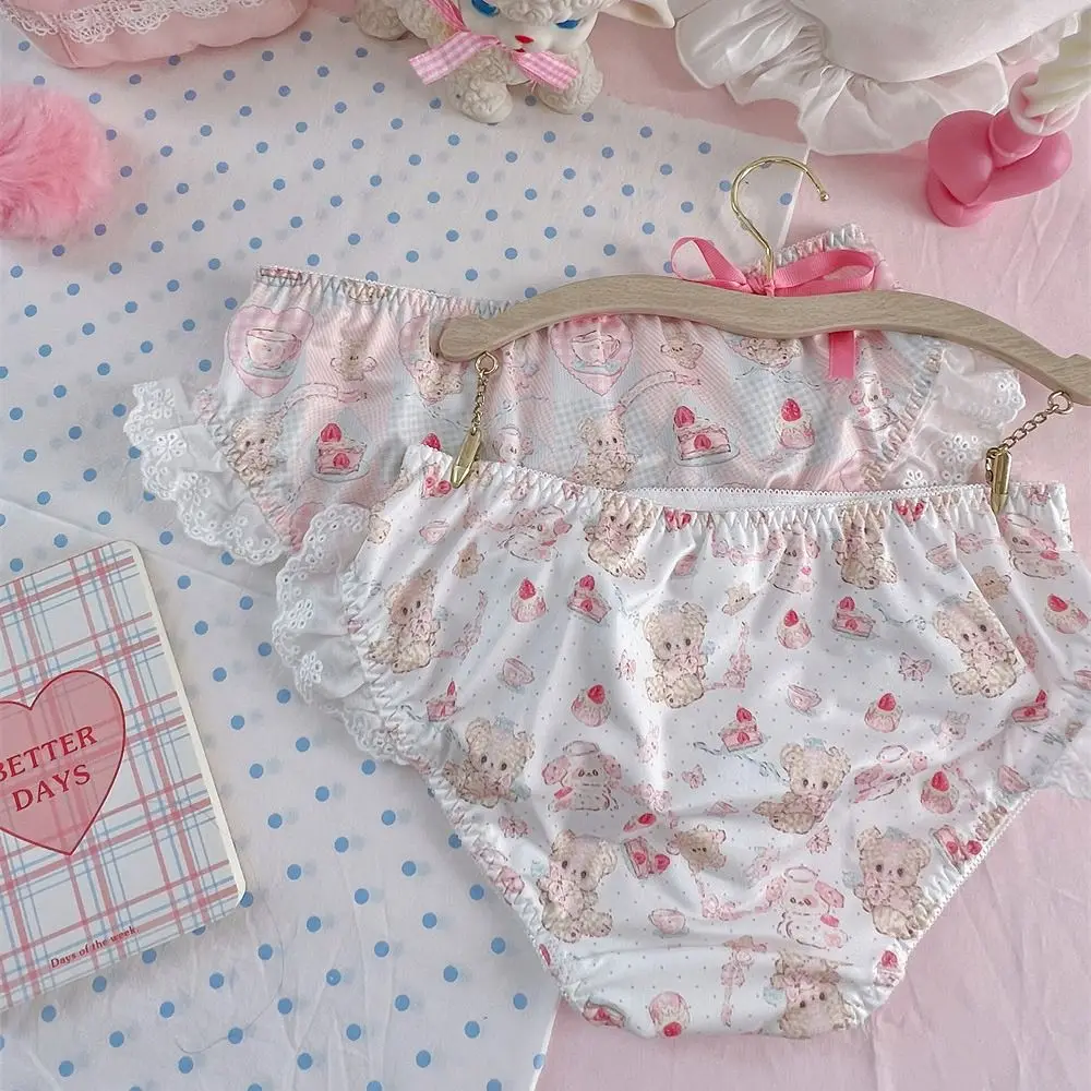 الحلو نقطة Bowknot الدب سراويل منخفضة الخصر الكرتون مقوس دانتيل ملخصات السروال لوليتا كشكش سراويل النساء سيدة #1