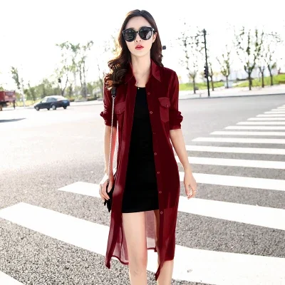 Black White Red Green Long Cardigan Female Long Sleeve Summer Cardigan Casual Shirt Women Z687