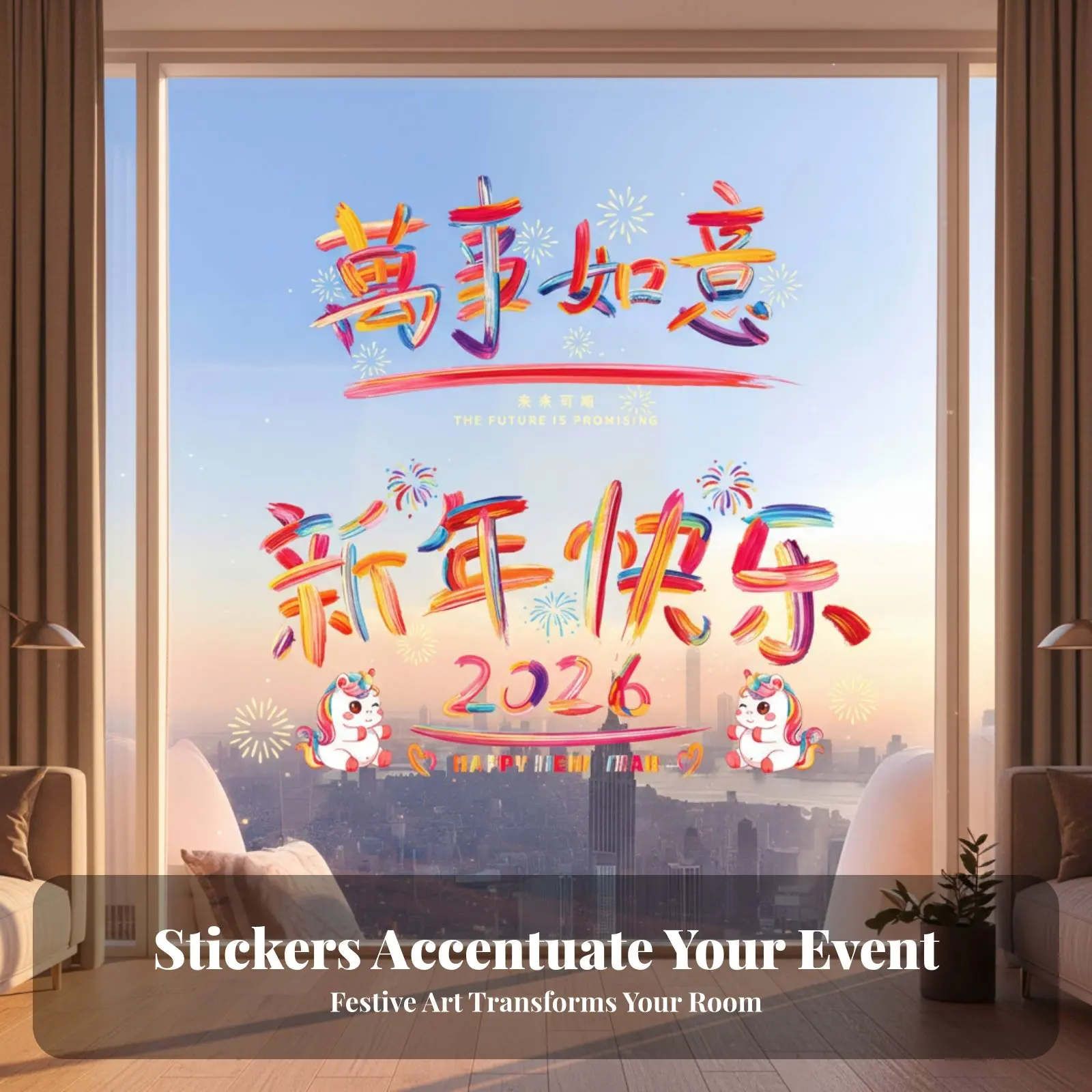 New Year Window Cling Sticker, Holiday Glass Door Decoration, Shop Mall Atmosphere, Horse Year, Colorful Blessing Decals