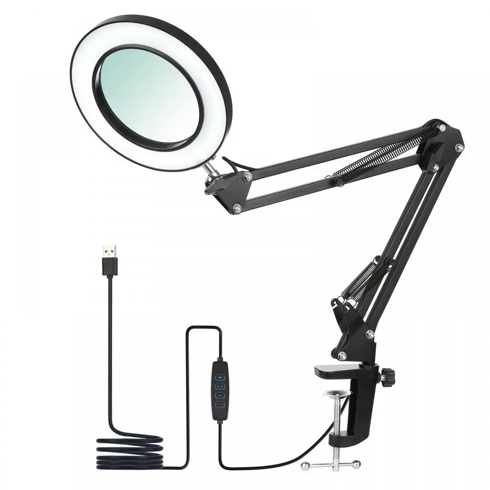 Flexible Clamp-on Table Lamp 3 Color Modes Lamp with 8x Magnifier Glass Swing Arm Dimmable Illuminated Magnifier LEDs Desk Light