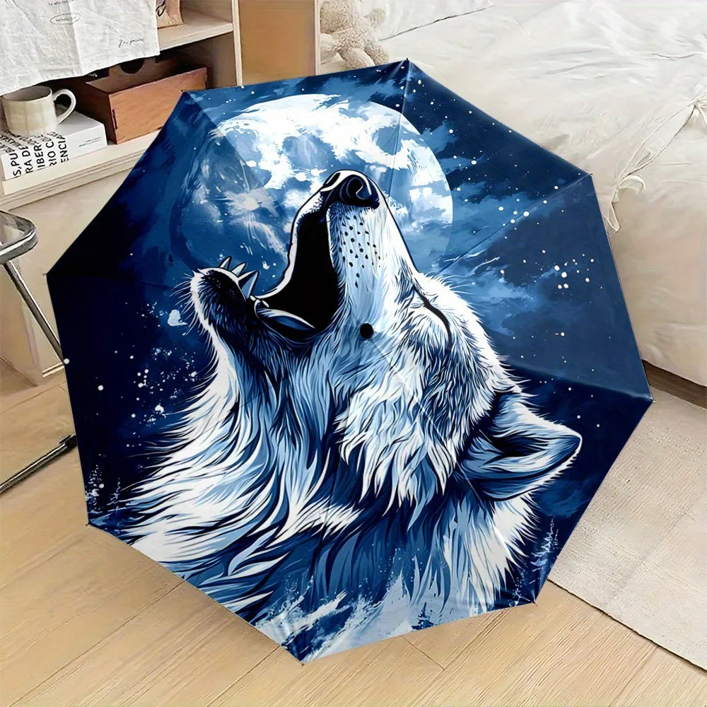 

Автоматический складной зонт с дизайном «Волк и ночной небесный пейзаж» — 8-спицевый ветрозащитный дорожный зонт с изображением волка, вылающего на луне и...