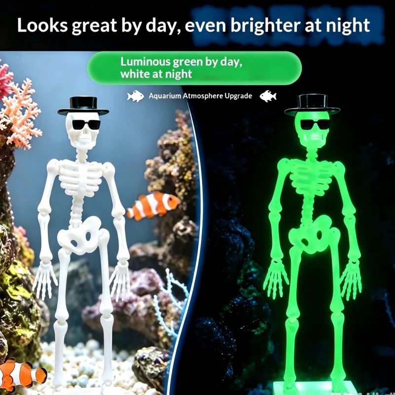Halloween-Schaukelschädel-Aquariumdekoration, 3D-gedrucktes, nicht-bewegliches Aquarium-Ornament, tanzende Skelettfigur für gruselige Dekorationen – Detail 9
