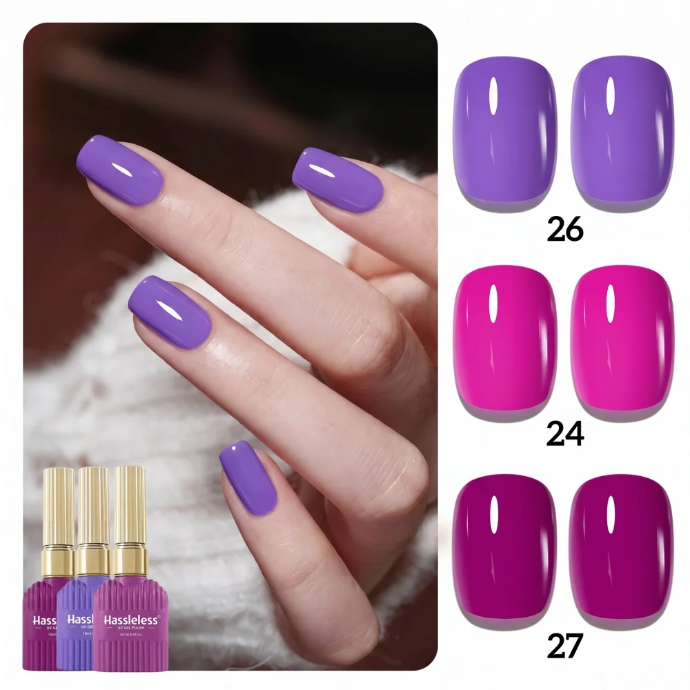 Hassleless Grape Purple Nail Polish Gel 3Pcs, Multi-Color Rose Purple Nail Polish Gel, Saturated Color, Smooth Application, Popular Personalized Nail Color for Fashion Enthusiasts