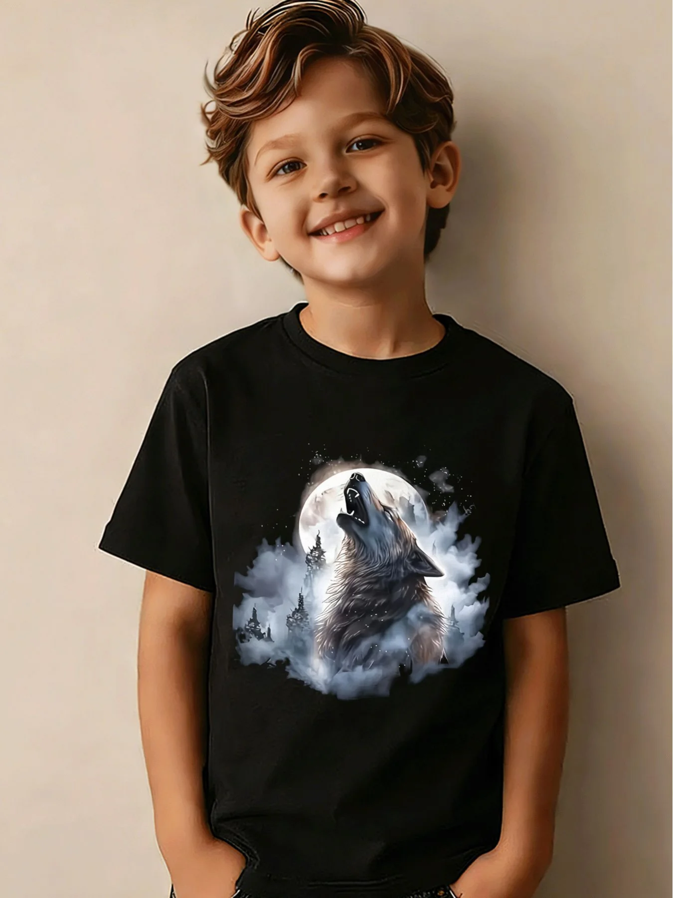Night Wolf Moon Castle Print Kid Cotton T Shirt Boy Girl Parent Child Matching Short Sleeve Casual Breathable Family Fashion Tee