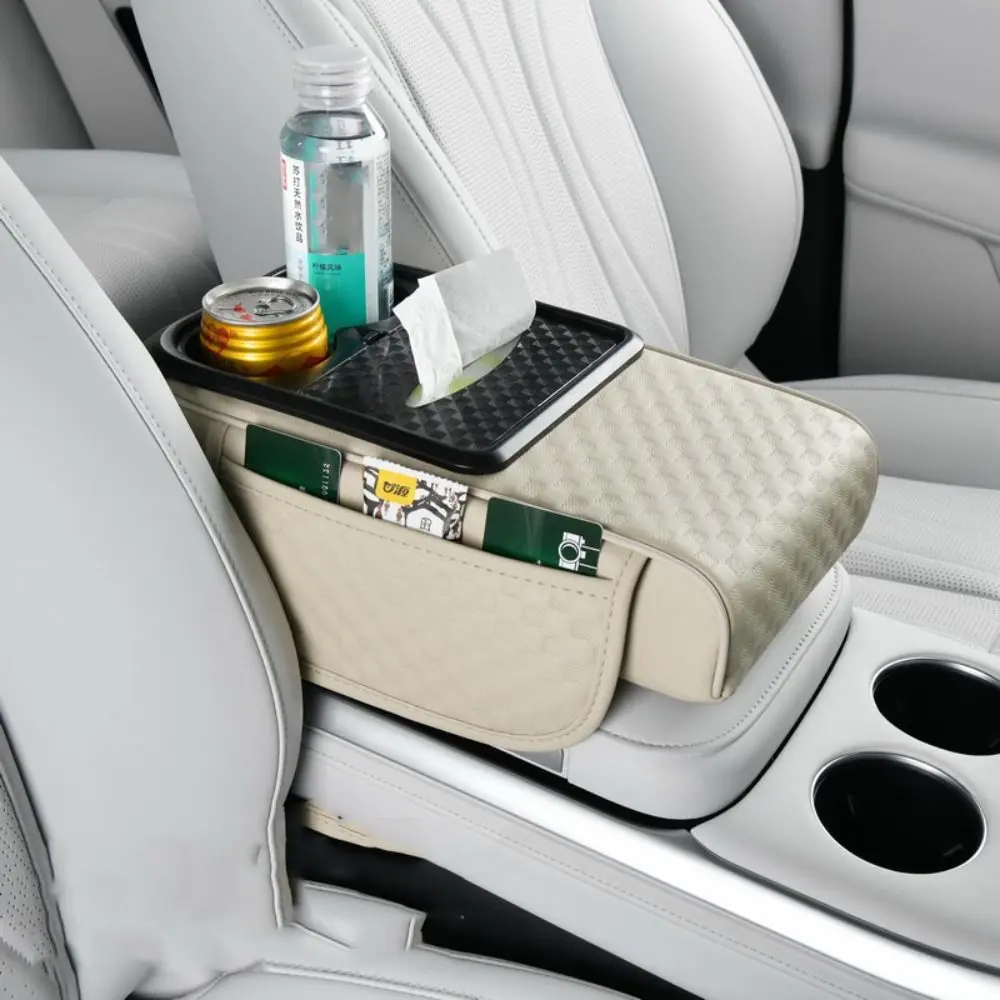 

Portable Center Console Armrest Cushion PU Leather Multifunctional Car Armrest Pillow with Cup Holder Tissue Box