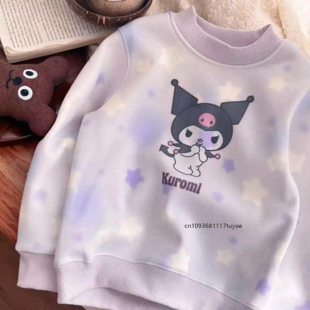 Cartoon Kuromi Girl Round Neck Sweatshirt Cinnamoroll Sanrios Anime Kawaii Children Fashion Thicken Warm Tie-Dye Pullover Hoodie