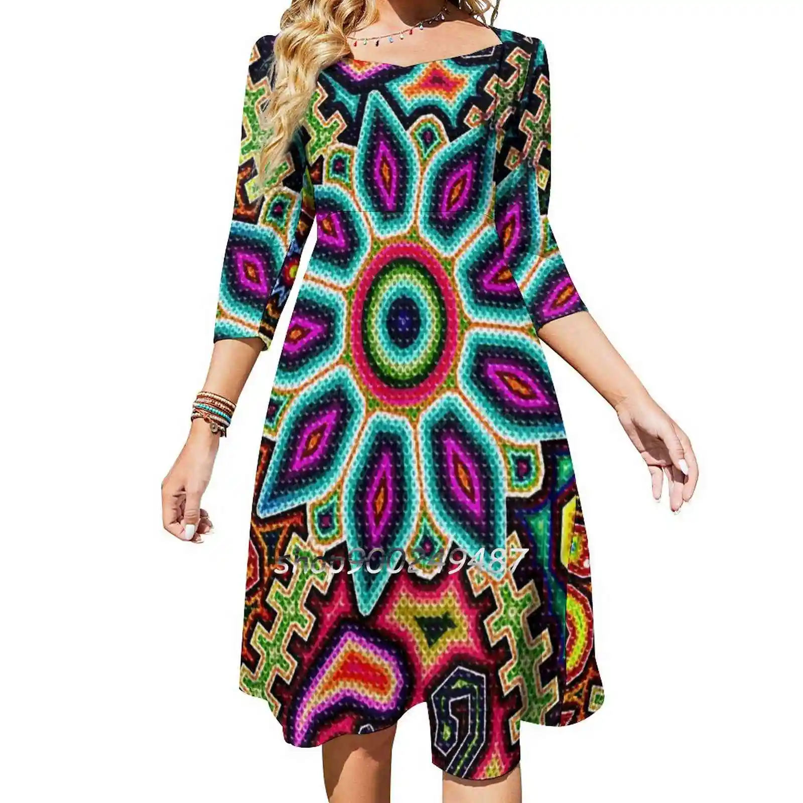 Huichol Art Mexico Square Neck Dress Cute Loose Print Dresses Elegant Beach Party Dress Huichol Art Mexico Huichol Culture