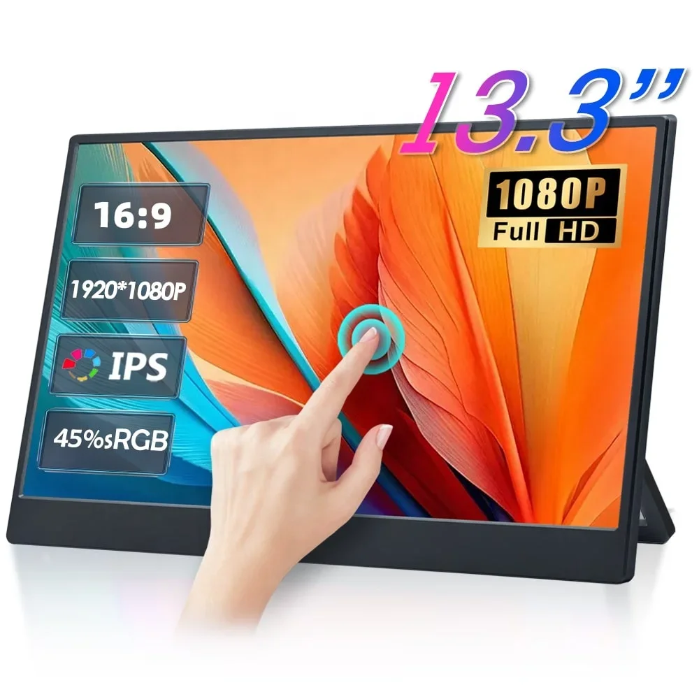 Touchscreen Portable Monitor 13.3 Inch, USB C Gaming Monitor with Desktop Stand for Laptop Computer Phone Second/Extend Screen