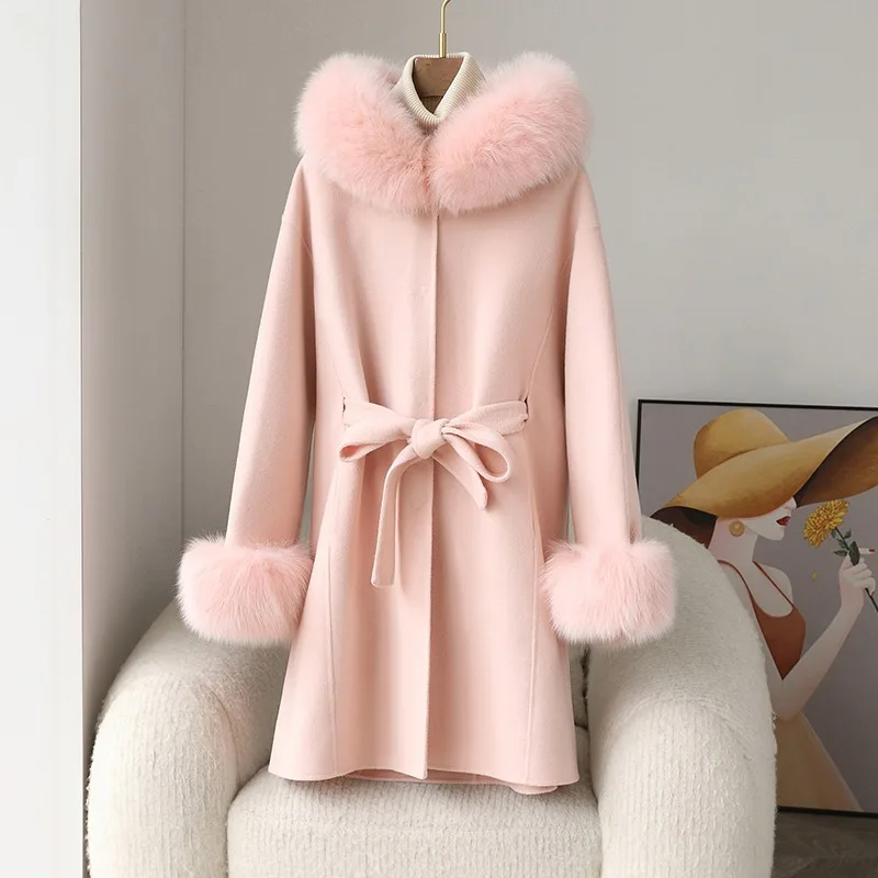 

Pudi Female 2024 Fall and Winter Double-sided Pure Wool Coat Women New Fox Hair Collar High-end Wool Tweed Hooded JacketCT431