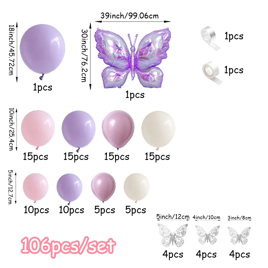 مجموعة إكليل مقوسة بالونات على شكل فراشة مكونة من 106 قطع، بالونات وردية وأرجوانية مع بالونات من رقائق الفراشة، مناسبة للفتيات #2