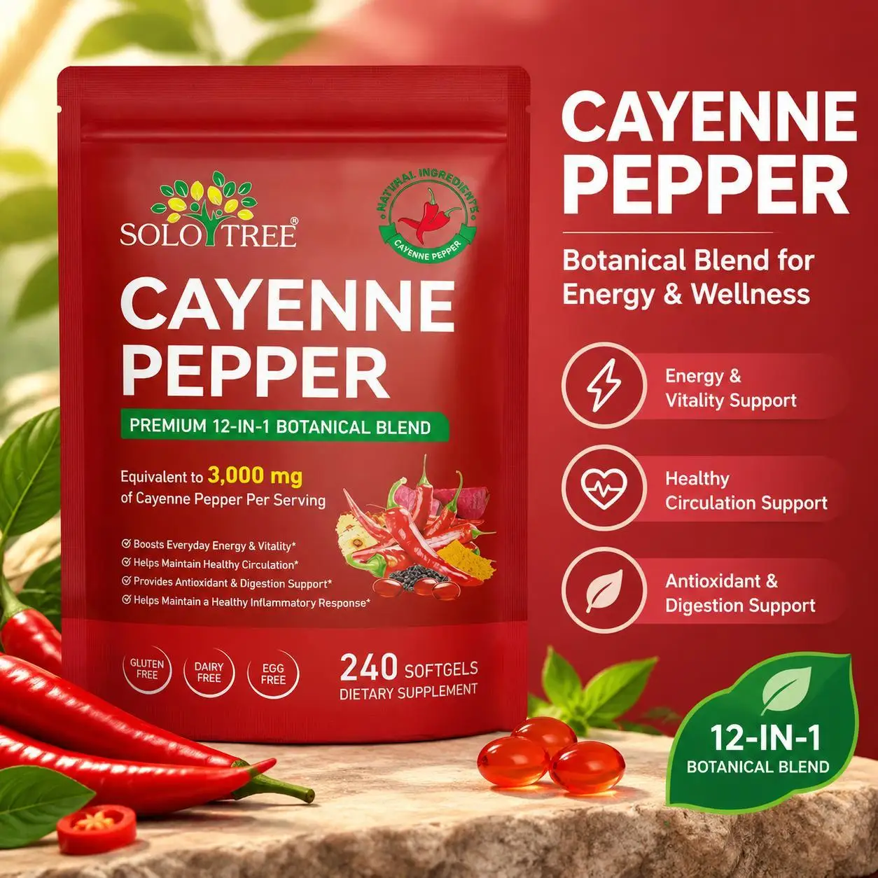 Support Antioxidant & Digestion Health, Cayenne Pepper 3000mg Equivalent 12-in-1 Blend Softgels with Grape Seed Oil, 240counts