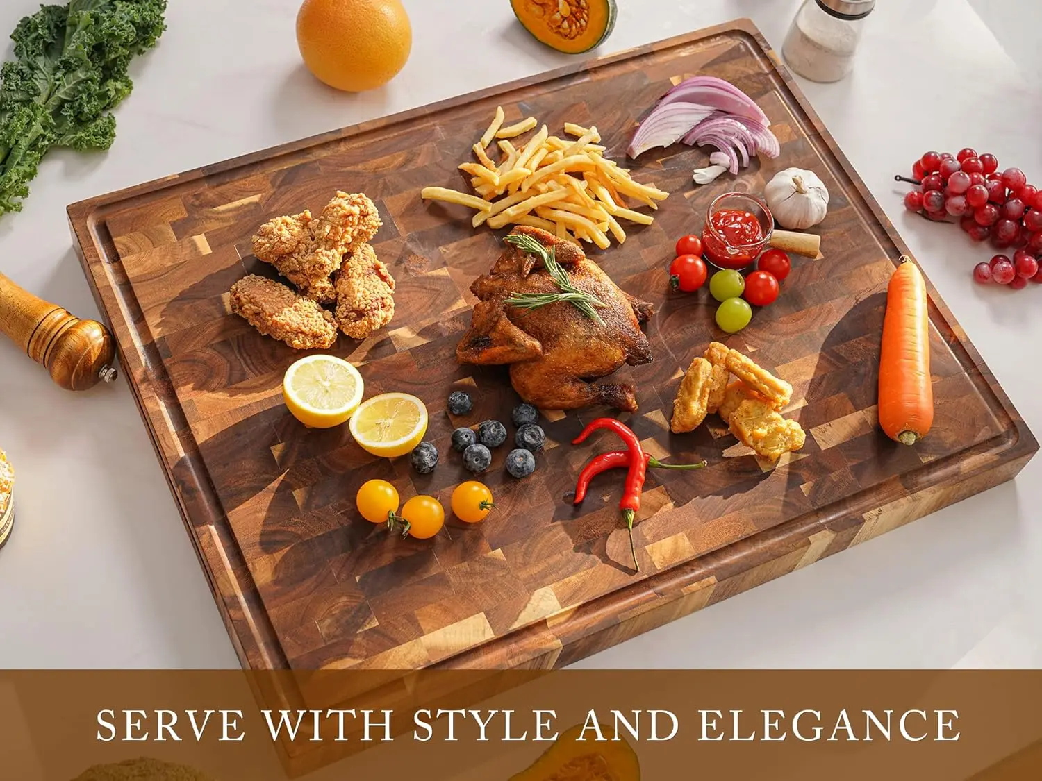 hom Extra Large Thick Acacia Wood End Grain Cutting Board 24X18X2 In, Wooden Butcher Block, Chopping Board For Kitchen With